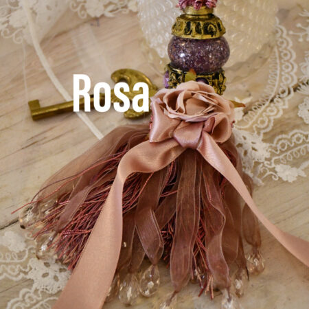 Fiocco per chiavi ‘’Lily’’ rosa e bianco con rosellina e seta decorazione porte, mobili, lusso italiano