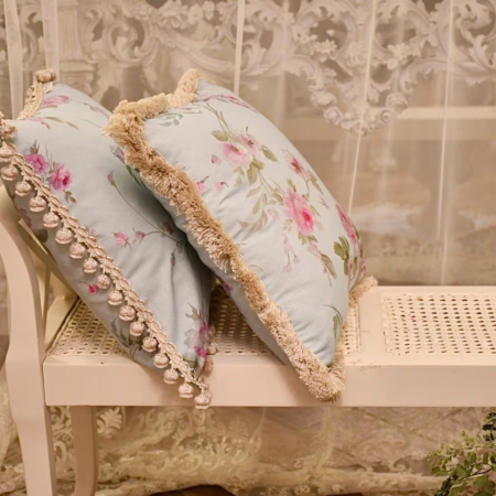 Cuscino Shabbychic floreale azzurro Fodera in cotone