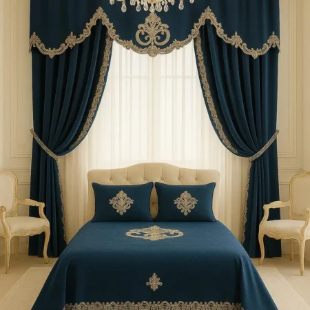 Copriletto sartoriale in velluto Blu petrolio con pizzo rebrodé Collezione “Ottocento”