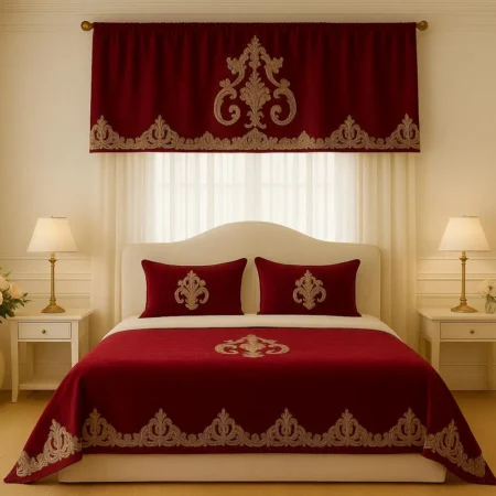 Copriletto sartoriale in velluto Bordeaux con pizzo rebrodé Collezione “Ottocento”