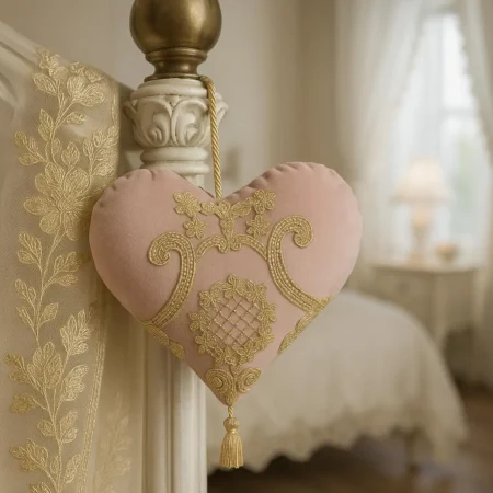 Cuore rosa in velluto e decori oro