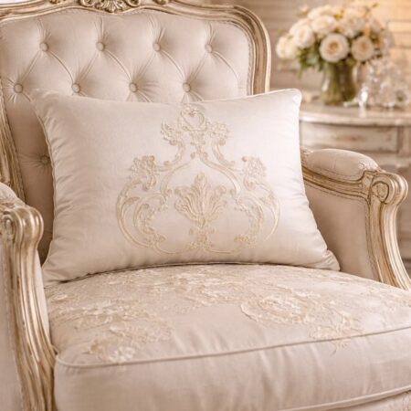 Cuscino lusso in raso di seta bianco perla con tablò ricamato pizzo rebrodé crema oro – fodera decorativa letto e divano stile barocco