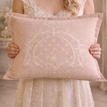 Coppia Cuscini in Lino Rosa con Ricamo Centrale Tablò – Copri Guanciali Ricamati di Lusso – Fodere Decorative Made in Italy