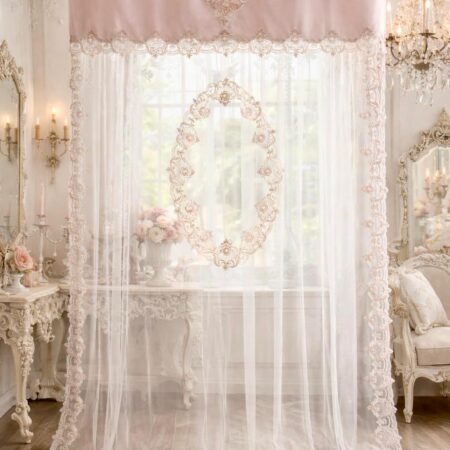 Tenda romantica in tulle ricamato con tablò centrale e mantovana rosa in georgette