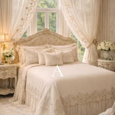 Copriletto in lino puro extra lusso con pizzo rebrodè avorio e ricami azzurri, luxury linen bedspread con cuscini coordinati.