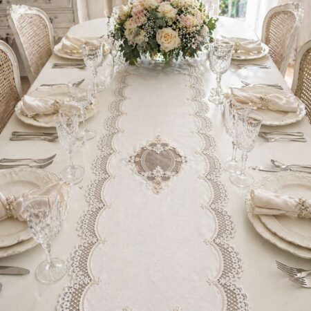 Runner in puro lino Stone Washed con pizzo elegante – bianco o rosa cipria, varie misure