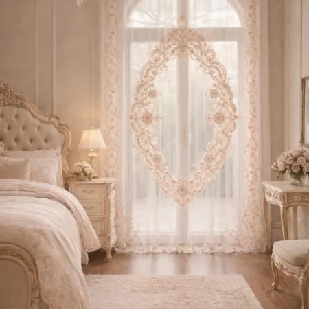 Pannello tenda in tulle ricamato con medaglione centrale e pizzo su tre lati collezione “Bridgerton”