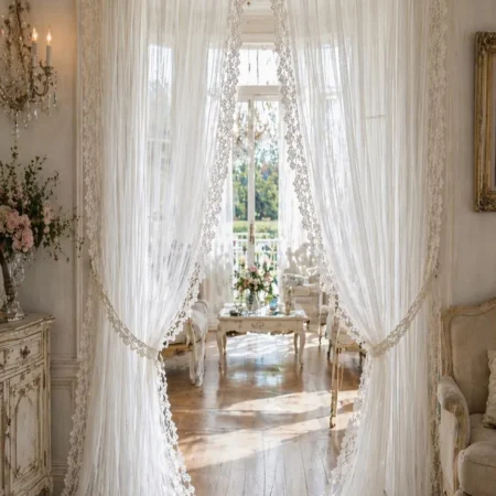 Tenda total white in Tulle con pizzo prezioso da sposa, rifinita su tre lati – elegante e senza tempo