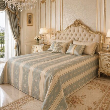 Meraviglioso e lussuoso copriletto con rigato azzurro e beige