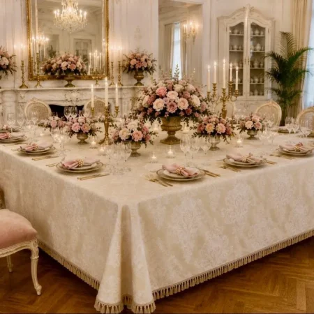 Tovaglia in Broccato Avorio-Beige con Passananeria preziosa  – Eleganza Sartoriale Stile Primo Novecento