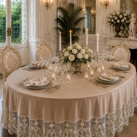 Luxury Italian Velvet Tablecloth with Rebrodé Lace | Elegant Beige Table Decor | Made in Italy