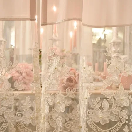 Romantic Sheer lace Curtain Panel -Georgette and Embroidered Beige Lace -Handmade Italian Window Treatment -Shabbychic Style