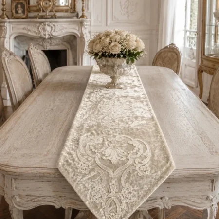 Runner da Tavola in Velluto Beige con Tablò in Pizzo e Fiocchi Eleganti – Fatto a Mano in Italia – Centrotavola Lusso Stile Classico