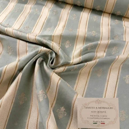 Tessuto Arredamento Royal Style – 100% Cotone Italiano – Riga e Giglio Azzurro – Altezza 280 cm