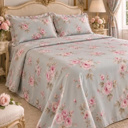Copriletto floreale in puro cotone azzurro con fiori dipinti, realizzato artigianalmente in Italia, con finitura semplice o passamaneria