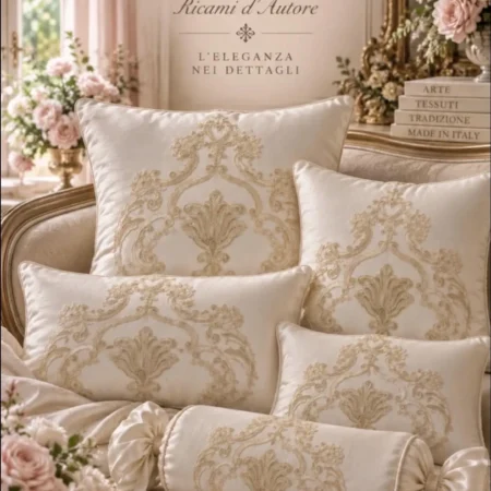 Cuscino decorativo in raso fiammato bianco con tablò ricamato, stile rinascimentale e barocco, fatto a mano in Italia