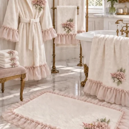 Set bagno in spugna italiana color avorio e rosa con accappatoio, asciugamani, telo doccia, tappeto e lavette | Collezione Peonia Romantica