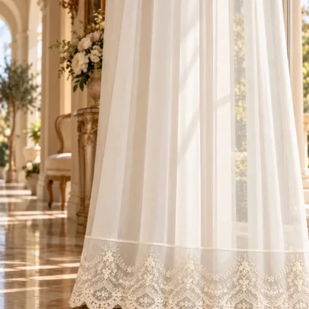 Pannello Tenda in Georgette Naturale con Pizzo “Roseto Reale”