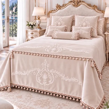 Copriletto in Velluto Prezioso Beige Rosato con Ricami Artigianali e Passamaneria a Cipollina Panna e Rosa – Made in Italy Faggianis