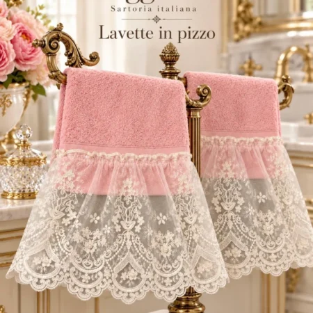 Set 6 lavette bagno con pizzo “Roseto Reale” Bianco o Rosa – Lavette eleganti Made in Italy – Regalo sposa e matrimonio