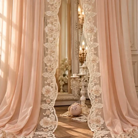Coppia di tende eleganti in georgette con prezioso pizzo rebrodé e punti luce, rosa antico o naturale, tende sartoriali di lusso Faggianis